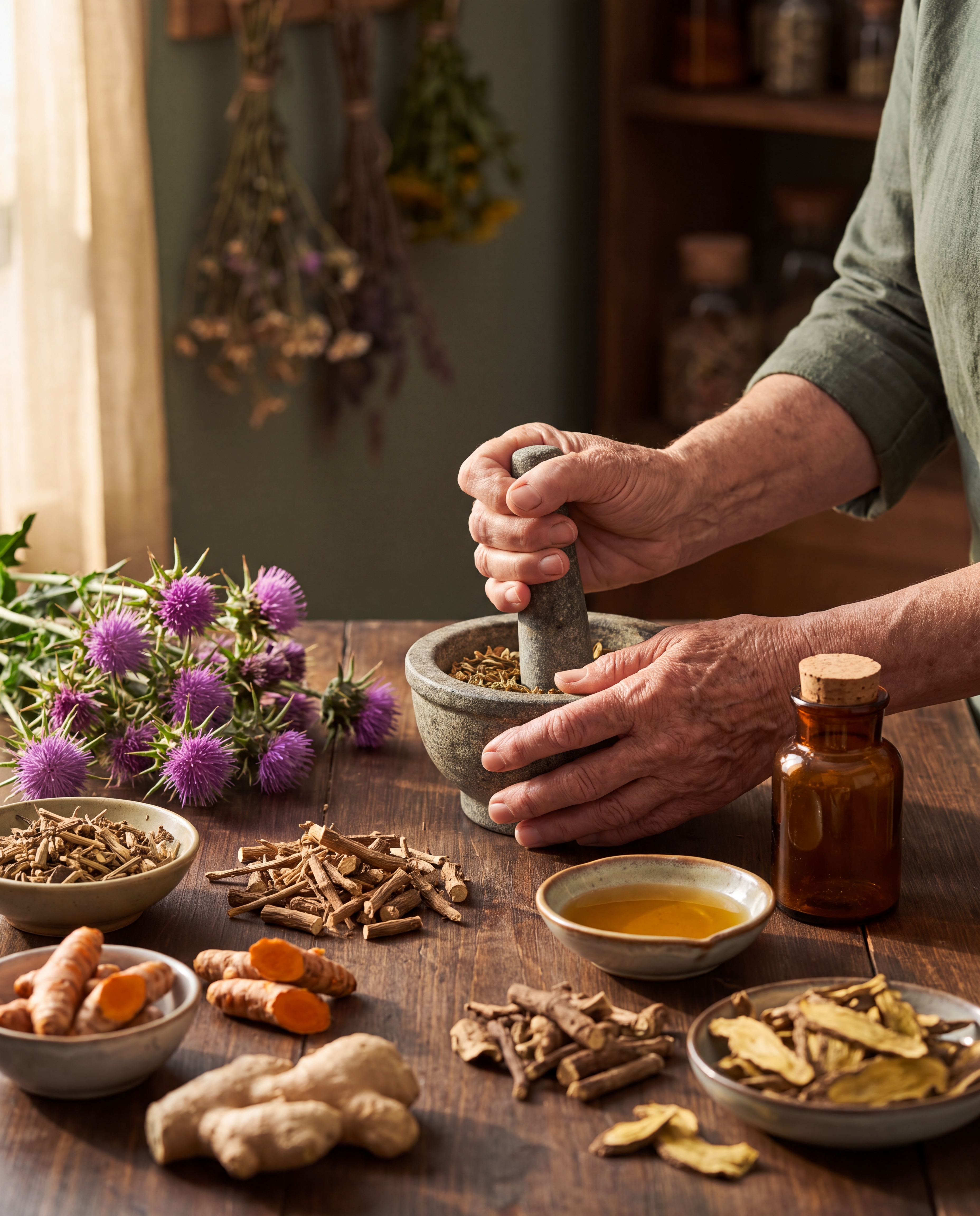 Hands preparing dried herbs, a ritual passed down